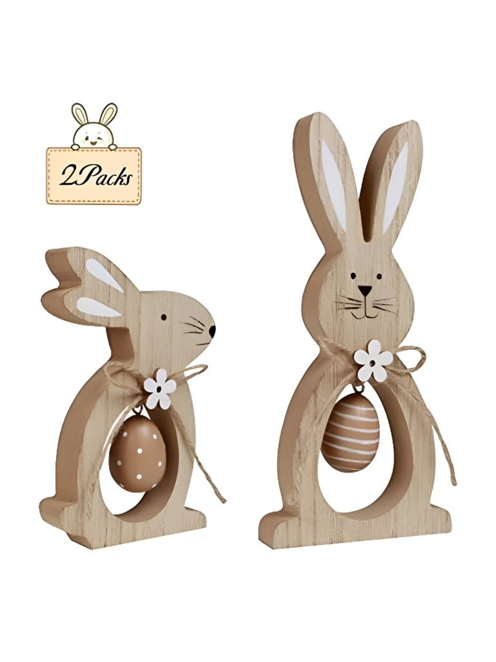 2Pcs Easter Decorations for The Home, Farmhouse Rustic Wooden Bunny with Egg